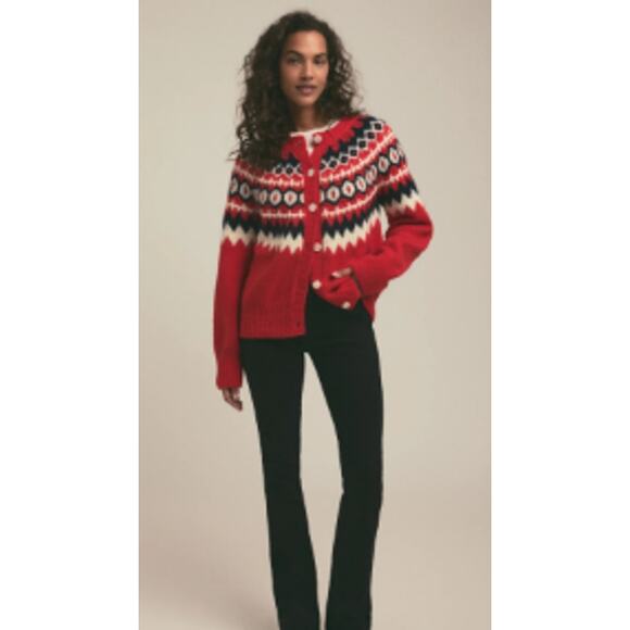 NEW Favorite Daughter L The Snowed In Cardigan Red Fair Isle Sweater Merino